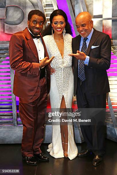 Cast members Cedric Neal, Lucy St Louis and Berry Gordy, founder of the Motown record label, pose backstage following the press night performance of...