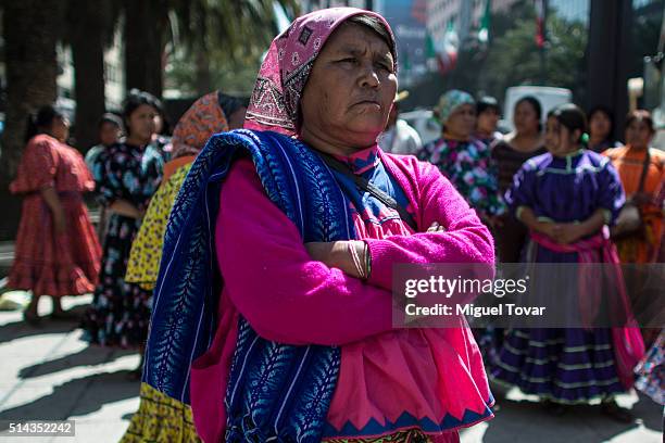 Tarahumara woman wearing her traditional clothing, protest during a commemoration of International Women's Day at Palacio de Bellas Artes on March...