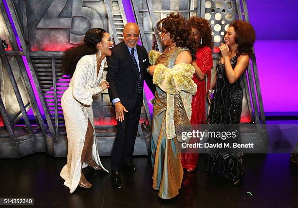 Lucy St Louis, Berry Gordy, founder of the Motown record label, Mary Wilson, Cherelle Williams and Portia Harry pose backstage following the press...