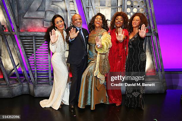 Lucy St Louis, Berry Gordy, founder of the Motown record label, Mary Wilson, Cherelle Williams and Portia Harry pose backstage following the press...