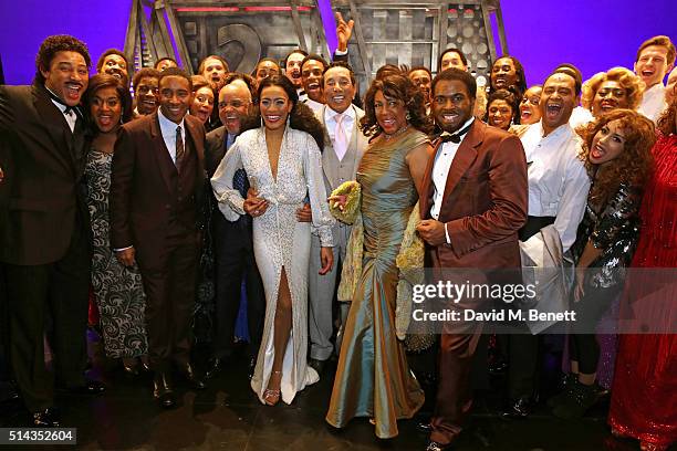 Berry Gordy , founder of the Motown record label, Smokey Robinson and Mary Wilson pose onstage with cast members including Charl Brown, Lucy St Louis...