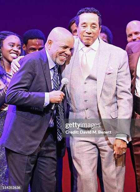 Berry Gordy , founder of the Motown record label, and Smokey Robinson bow at the curtain call during the press night performance of "Motown The...