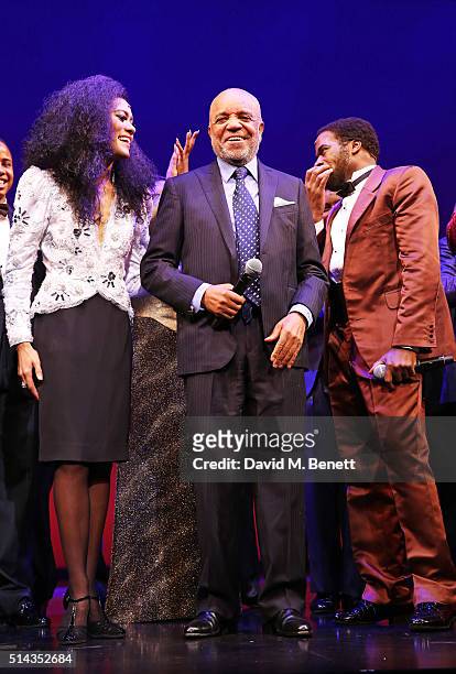 Berry Gordy , founder of the Motown record label, bows at the curtain call with cast members Lucy St Louis and Cedric Neal during the press night...