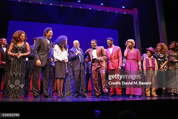 Berry Gordy , founder of the Motown record label, bows at the curtain call with cast members Cherelle Williams, Portia Harry, Charl Brown, Lucy St...