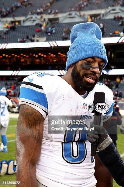 Detroit Lions wide receiver Calvin Johnson is interviewed after the Detroit Lions defeated the Chicago Bears at Soldier Field in Chicago, Illinois on...
