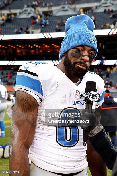 Detroit Lions wide receiver Calvin Johnson is interviewed after the Detroit Lions defeated the Chicago Bears at Soldier Field in Chicago, Illinois on...