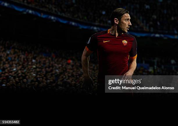 Francesco Totti of Roma looks on during the UEFA Champions League Round of 16 Second Leg match between Real Madrid CF and AS Roma at Estadio Santiago...