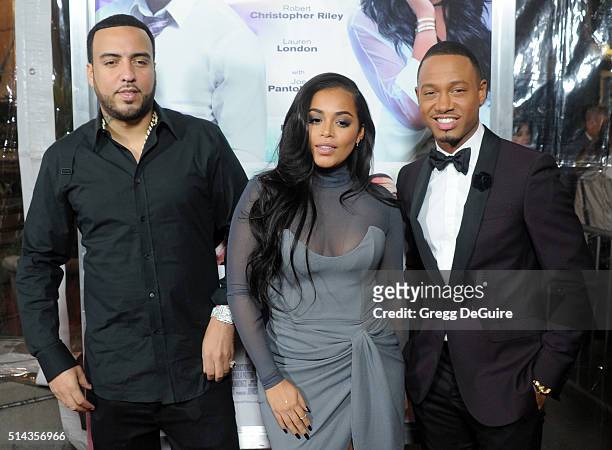 Actors French Montana, Lauren London and Terrence J arrive at the premiere of Lionsgate's "The Perfect Match" at ArcLight Hollywood on March 7, 2016...