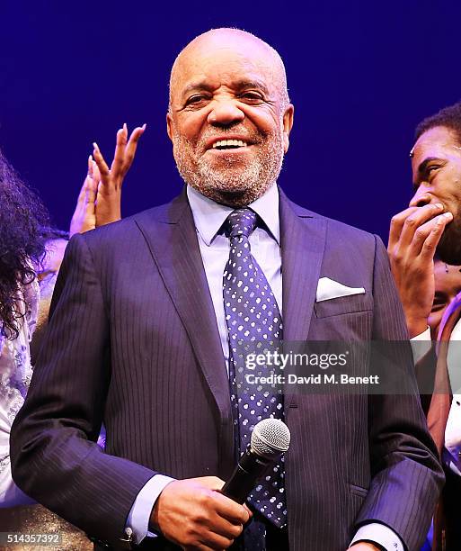 Berry Gordy, founder of the Motown record label, speaks during the curtain call at the press night performance of "Motown The Musical" at The...