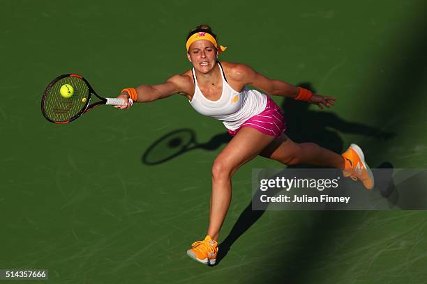 Nicole Gibbs of USA in action against Anna-Lena Friedsam of Germany during day two of the BNP Paribas Open at Indian Wells Tennis Garden on March 8,...