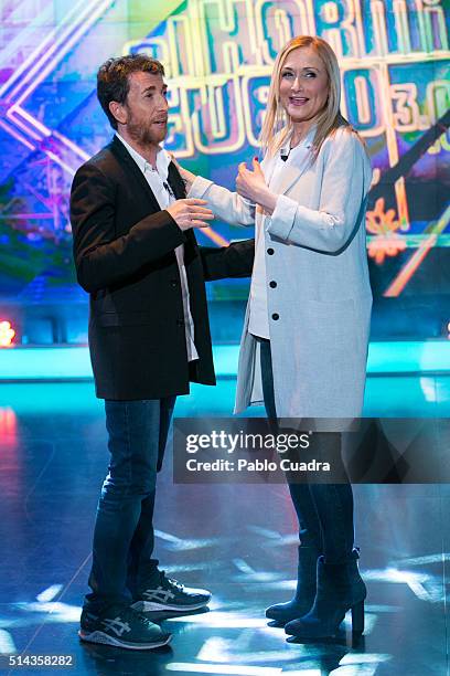 Pablo Motos and Cristina Cifuentes attend 'El Hormiguero' Tv Show at Vertice Studio on March 8, 2016 in Madrid, Spain.