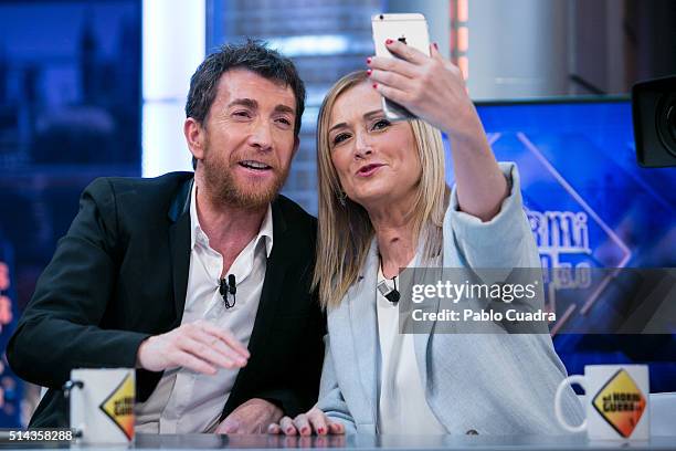 Pablo Motos and Cristina Cifuentes attend 'El Hormiguero' Tv Show at Vertice Studio on March 8, 2016 in Madrid, Spain.