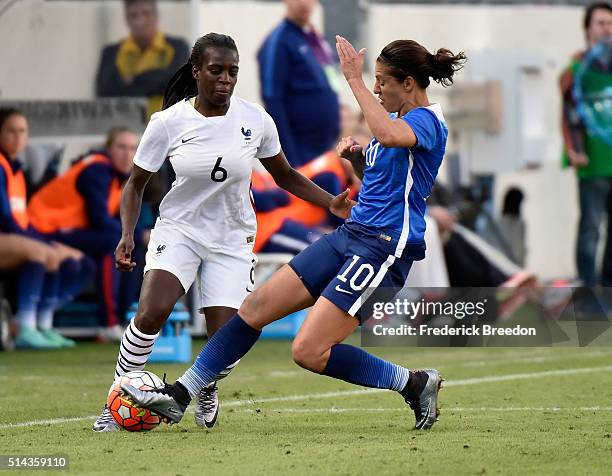 Whitney Engen of France plays against Carli Lloyd of the USA in an international friendly match in the SheBelieves Cup at Nissan Stadium on March 6,...