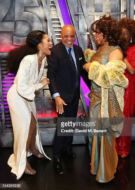 Lucy St Louis, Berry Gordy, founder of the Motown record label, and Mary Wilson pose backstage following the press night performance of "Motown The...