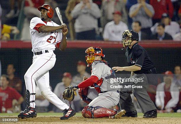 Vladimir Guerrero of the Anaheim Angels singles, knocking in two runs against the Boston Red Sox in the fifth inning of the American League Division...