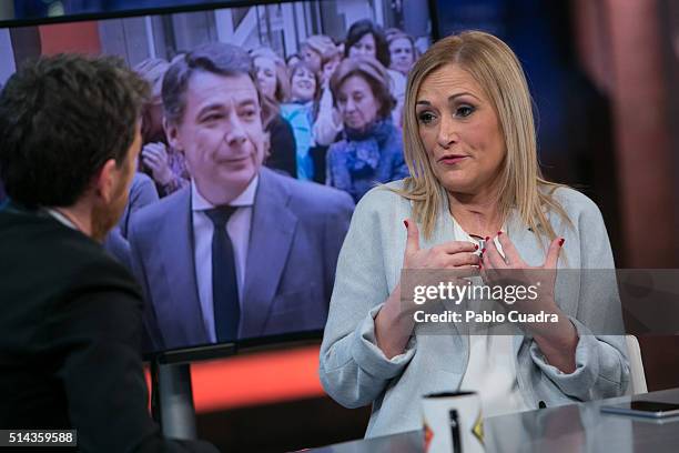 Pablo Motos and Cristina Cifuentes attend 'El Hormiguero' Tv Show at Vertice Studio on March 8, 2016 in Madrid, Spain.