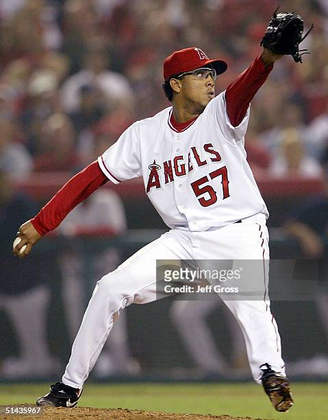 Pitcher Francisco Rodriguez of the Anaheim Angels delivers a pitch to against the Boston Red Sox during the sixth inning of the American League...