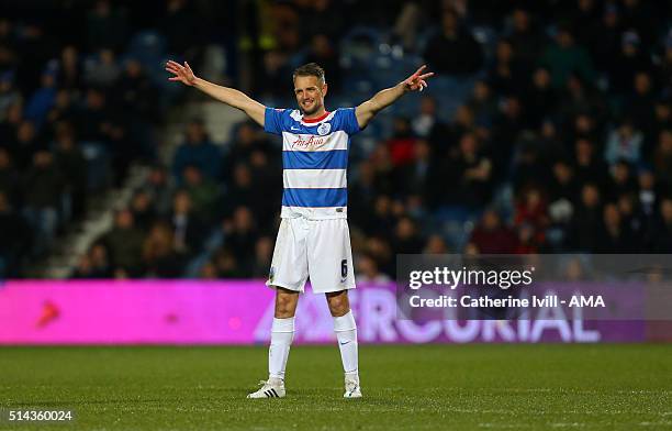 Clint Hill of Queens Park Rangers during the Sky Bet Championship match between Queens Park Rangers and Derby County at at Loftus Road on March 8,...