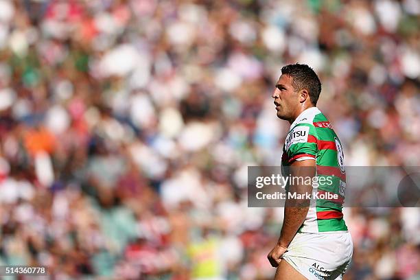 Sam Burgess of the Rabbitohs watches on during the round one NRL match between the Sydney Roosters and the South Sydney Rabbitohs at Allianz Stadium...