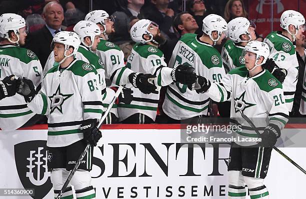 Victor Bartley of the Dallas Stars celebrates with the bench after scoring a goal against the Montreal Canadiens in the NHL game at the Bell Centre...