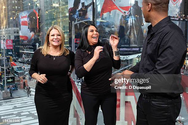 Calloway interviews Renee Graziano and Karen Gravano of "Mob Wives" during their visit to "Extra" at their New York studios at H&M in Times Square on...