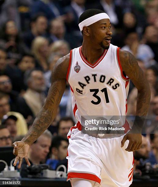 Toronto Raptors forward Terrence Ross shows the 3 fingers for the three pointer he just dropped. Toronto Raptors vs Brooklyn Nets in 1st half action...