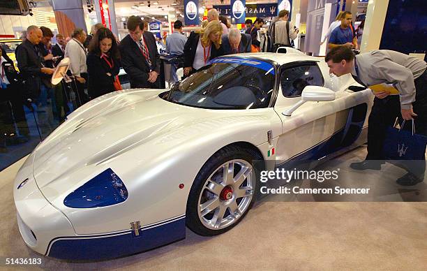 Maserati MC12 supercar is displayed during the Australian International Motorshow at the Darling Harbour Convention Centre October 7, 2004 in Sydney,...