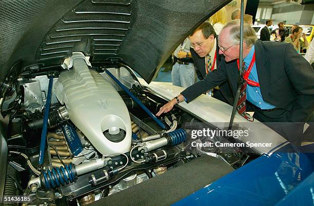 Maserati MC12 supercar engine bay is displayed during the Australian International Motorshow at the Darling Harbour Convention Centre October 7, 2004...