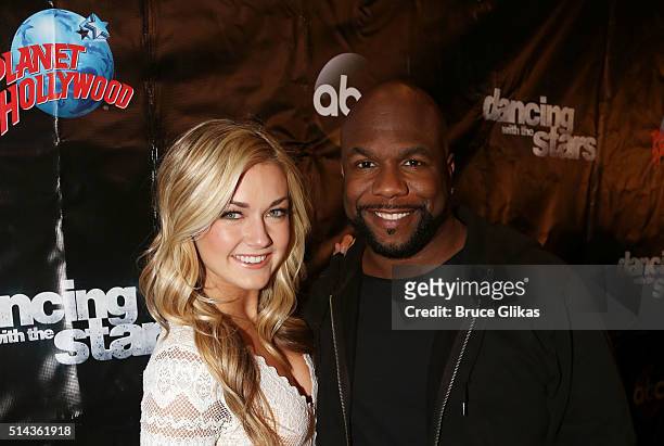 Lindsay Arnold and partner Wanya Morris pose at the 22nd Season Stars of ABC's "Dancing With The Stars" cast announcement at Planet Hollywood Times...