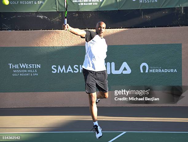Actor Boris Kodjoe plays tennis at the 12th Annual Desert Smash benefiting St. Jude's Children Research Hospital on March 8, 2016 in Rancho Mirage,...