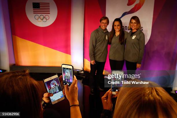 Olympians Bart Connor, Jordyn Wieber and Nadia Comaneci pose for a photo at the USOC Olympic Media Summit at The Beverly Hilton Hotel on March 8,...