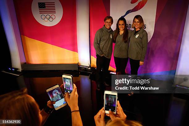 Olympians Bart Connor, Jordyn Wieber and Nadia Comaneci pose for a photo at the USOC Olympic Media Summit at The Beverly Hilton Hotel on March 8,...