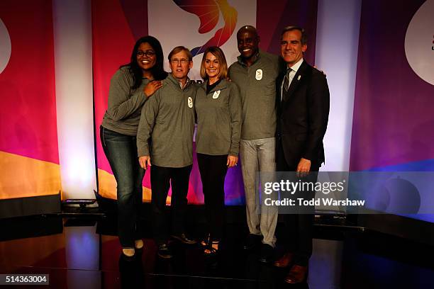 Anita DeFrantz, Olympians Bart Conor, Nadia Comaneci, Carl Lewis and Los Angeles Mayor Eric Garcetti pose for a photo at the USOC Olympic Media...