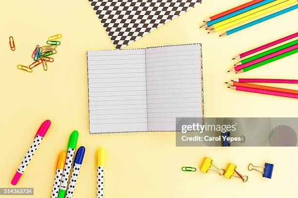 school supplies workspace - pferch stock-fotos und bilder