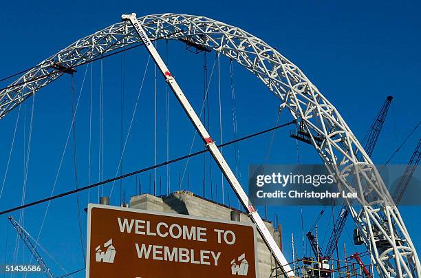 An old sign at Wembley welcomes fans to the stadium showing the old logo of the famous Twin Towers now replaced by the Arch during the redevelopement...