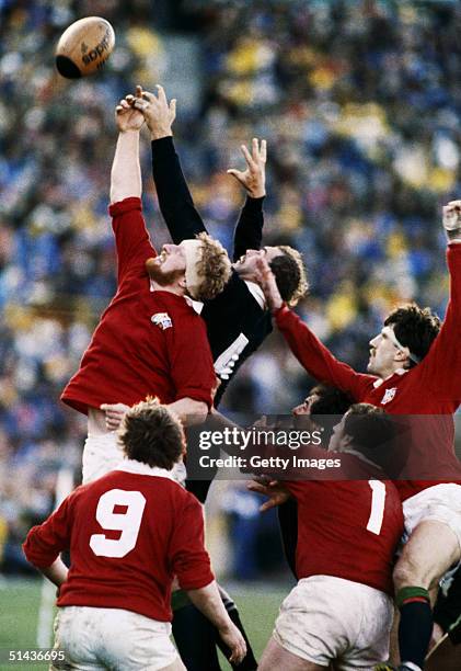 Maurice Colclough of the British Lions wins lineout ball ahead of New Zealand's Andy Haden during the second test match between New Zealand and the...