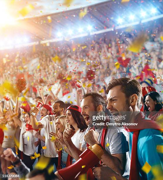 sport fans: happy cheering crowd - voetbalcompetitie sportevenement stockfoto's en -beelden