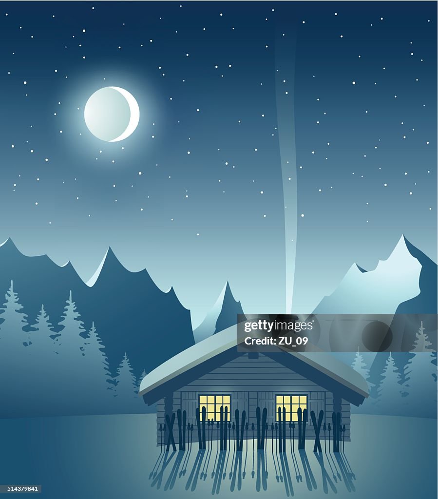 Ski lodge, winternight in the mountains