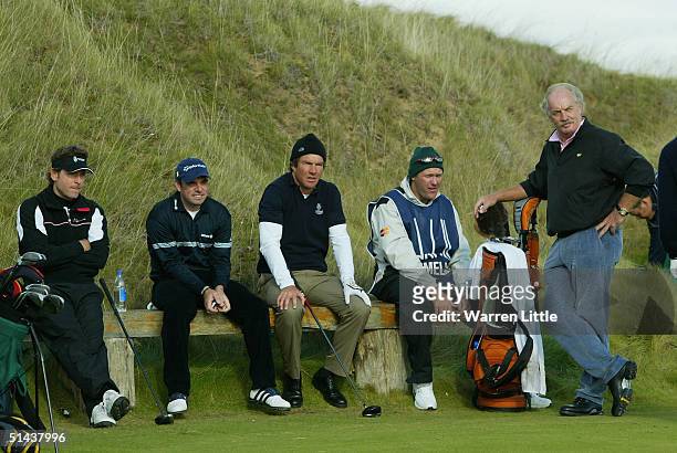 Greg Kinnear, Paul McGinley, Dennis Quaid and Dermot Desmond rest on the sixth tee box during the first round of the Dunhill Links pictured at...
