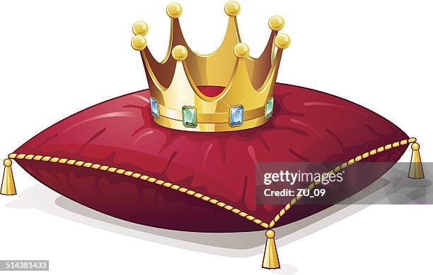 stockillustraties, clipart, cartoons en iconen met golden crown with jewelry on a red pillow - pillow