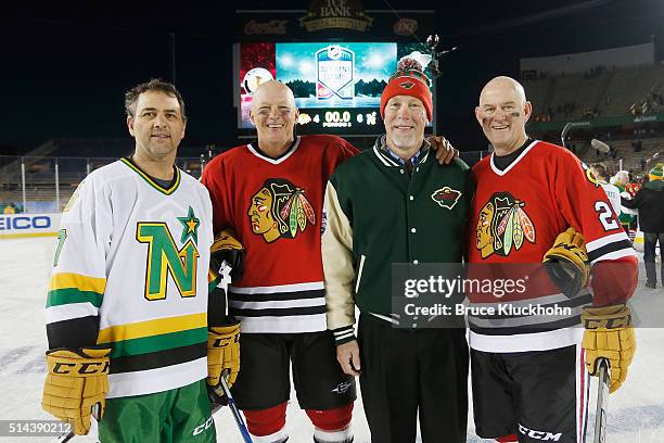 Minneapolis, MN Neal Broten and Mike Ramsey of the Minnesota North Stars/Wild along with Jack O'Callahan and Dave Christian of the Chicago Blackhawks...