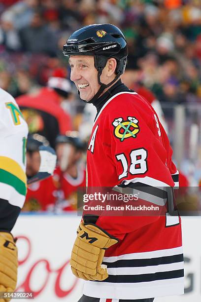 Minneapolis, MN Denis Savard of the Chicago Blackhawks skates against the Minnesota North Stars/Wild during the Coors Light NHL Stadium Series Alumni...