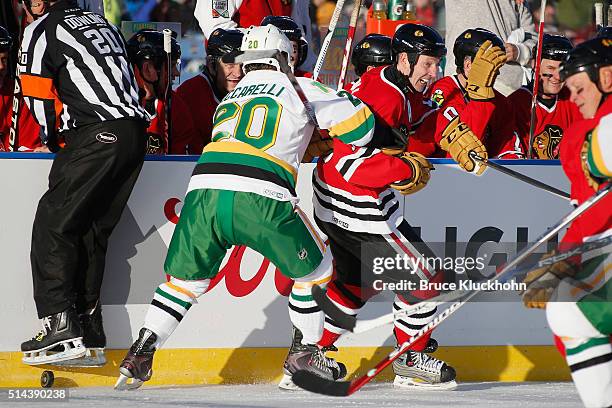 Minneapolis, MN Dino Ciccarelli of the Minnesota North Stars/Wild defends Denis Savard of the Chicago Blackhawks during the Coors Light NHL Stadium...