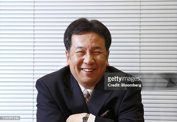 Yukio Edano, secretary general of the Democratic Party of Japan and Japan's former chief cabinet secretary, reacts during an interview in Tokyo,...
