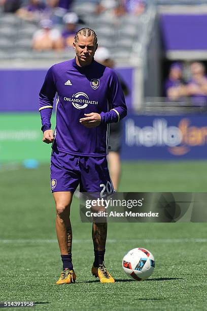 Brek Shea of Orlando City SC warms up prior to a MLS soccer match against Real Salt Lake at the Orlando Citrus Bowl on March 6, 2016 in Orlando,...