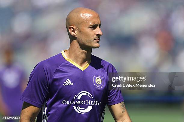 Aurelien Collin of Orlando City SC looks on during a MLS soccer match against Real Salt Lake at the Orlando Citrus Bowl on March 6, 2016 in Orlando,...
