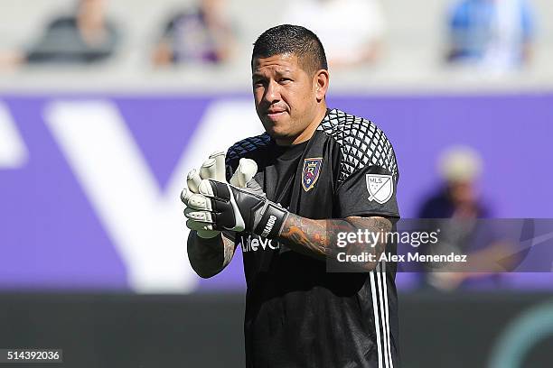 Nick Rimando of Real Salt Lake looks on during a MLS soccer match against Orlando City SC at the Orlando Citrus Bowl on March 6, 2016 in Orlando,...