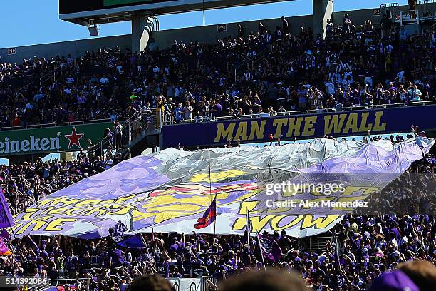 Large tifo in the stands during a MLS soccer match between Real Salt Lake and the Orlando City SC at the Orlando Citrus Bowl on March 6, 2016 in...