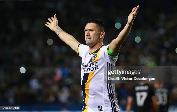 Robbie Keane of Los Angeles Galaxy celebrates after scoring on a penalty kick in the second half of their MLS match against D.C. United at StubHub...