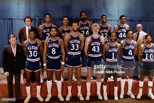 The Western Conference All-Stars pose for a team photo, front row : Assistant Coach Bill Bertka, Bernard King, Lonnie Shelton, Kareem Abdul Jabbar,...